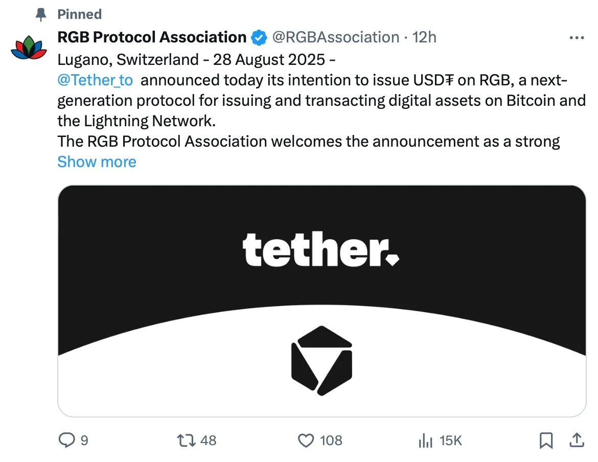 Tether 宣布將透過 RGB 協議在比特幣與閃電網路上發行 USDT 美元穩定幣